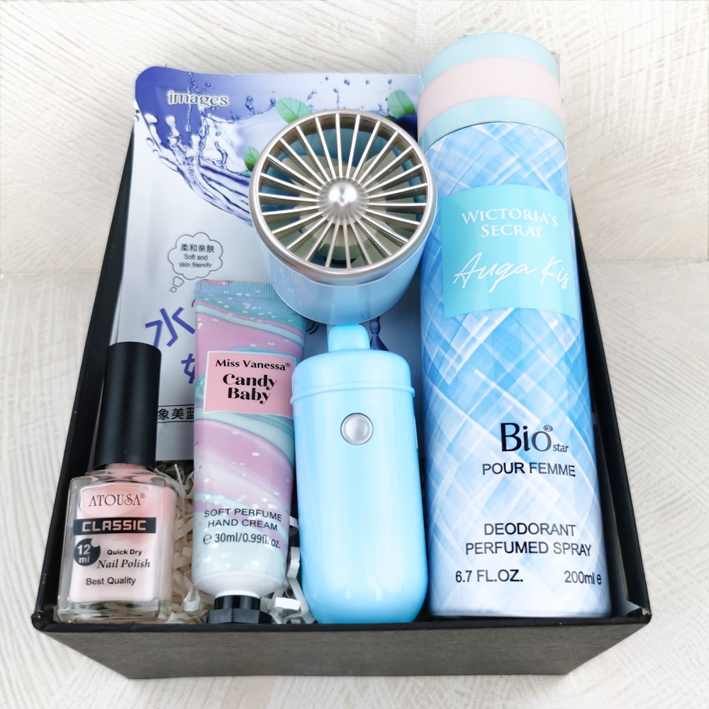 باکس هدیه مراقبتی و زیبایی دخترانه (پک صورتی) - شامل پنکه شارژی و لوازم آرایشی