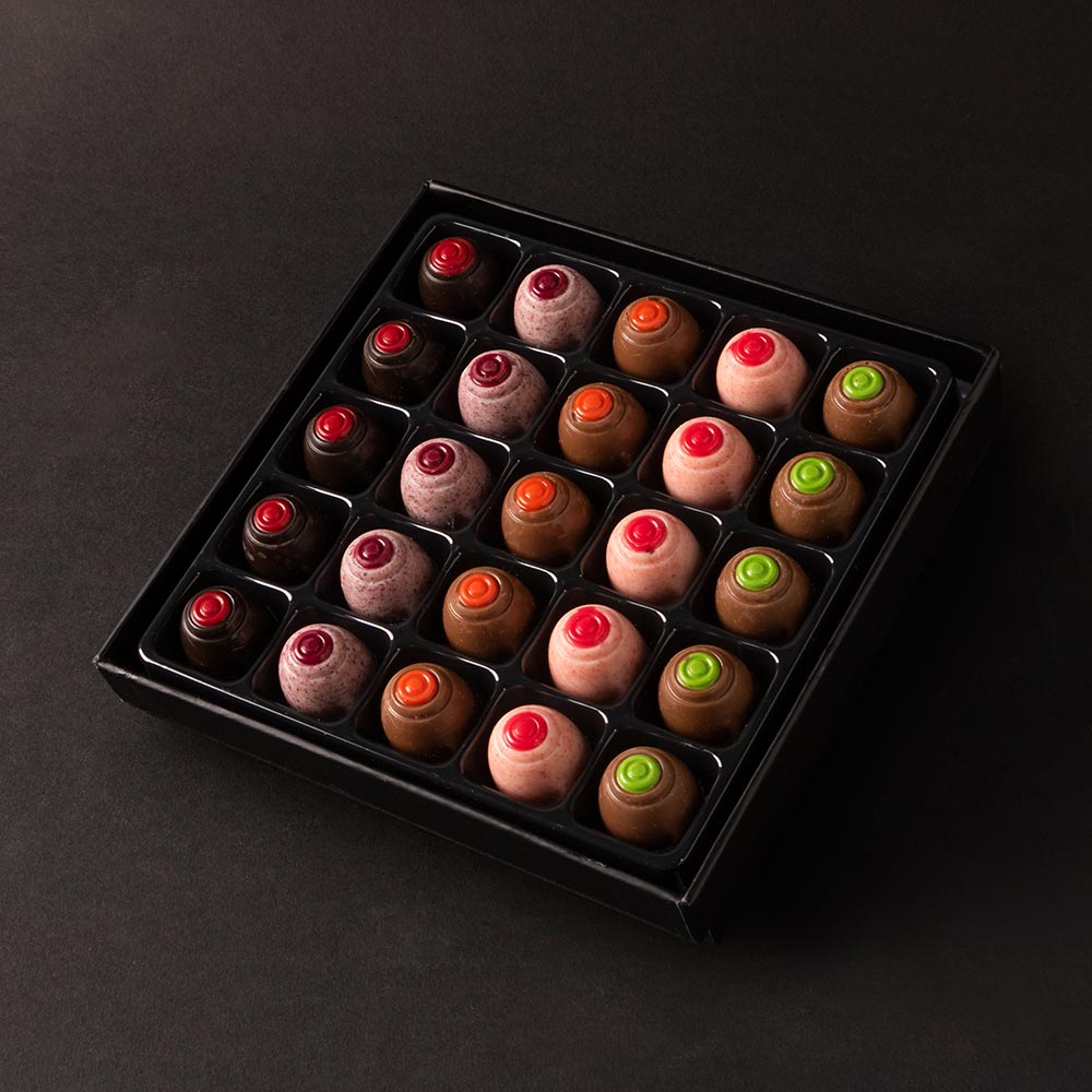 جعبه شکلات پذیرایی مدل «مزه» (۲۵ عددی) - فستیوال طعمهای میوهای و مغزدار