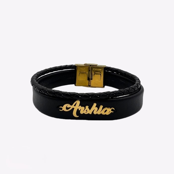 خرید دستبند چرم و پلاک طلا اسم سفارشی (۱ گرم) - ارسال هدیه به ایران